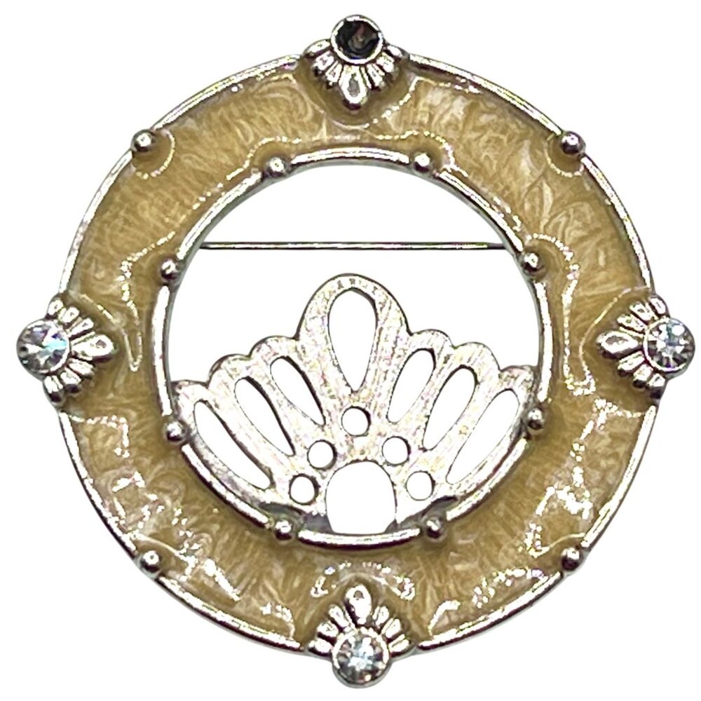 VTG Danecraft Crystal-Accented Brooch Pin Beige Enamel Silver-Tone Design Round